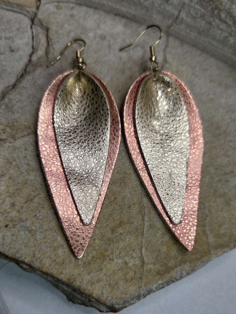Leather Pink and Gold Layered Teardrop Earrings - Artisan Handmade Women Jewelry